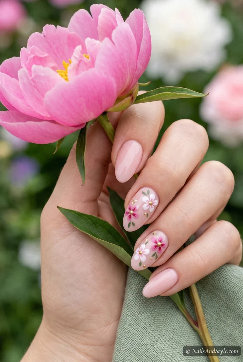 Blush pink nails with white floral accent nail art