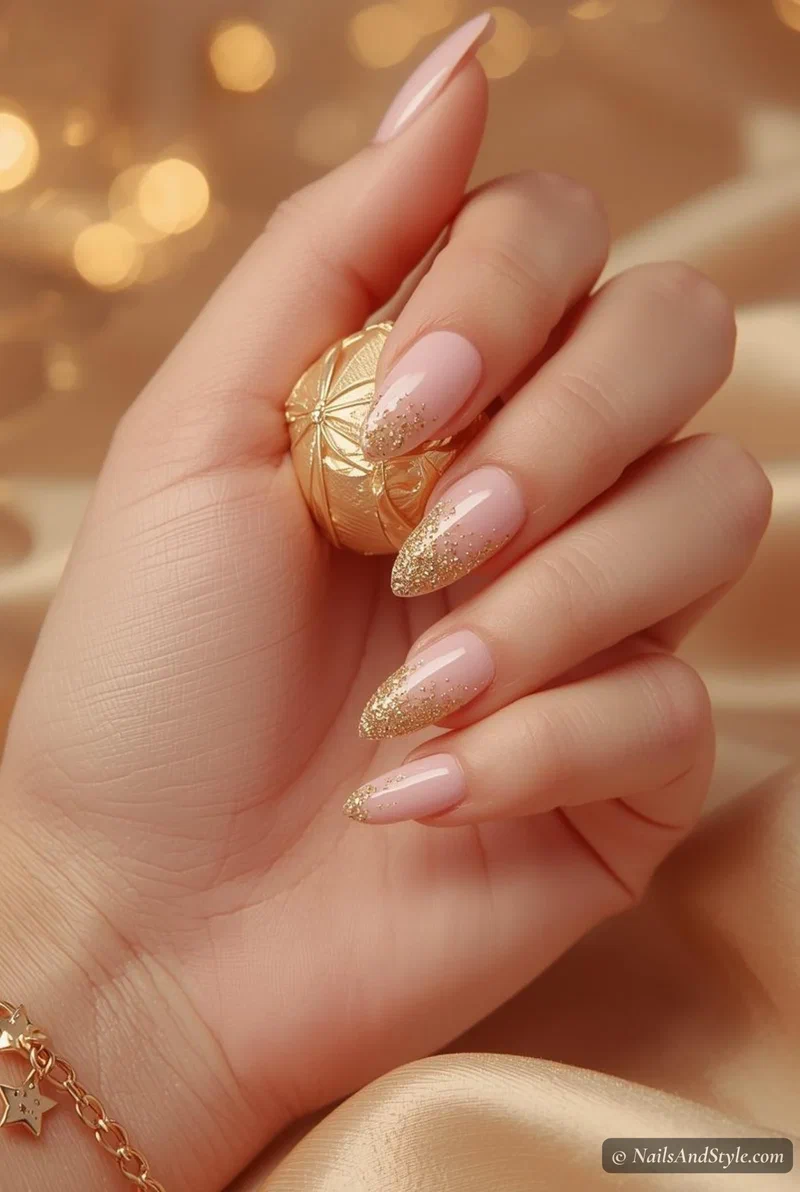 Light pink nails with gold glitter gradient fading from the cuticle
