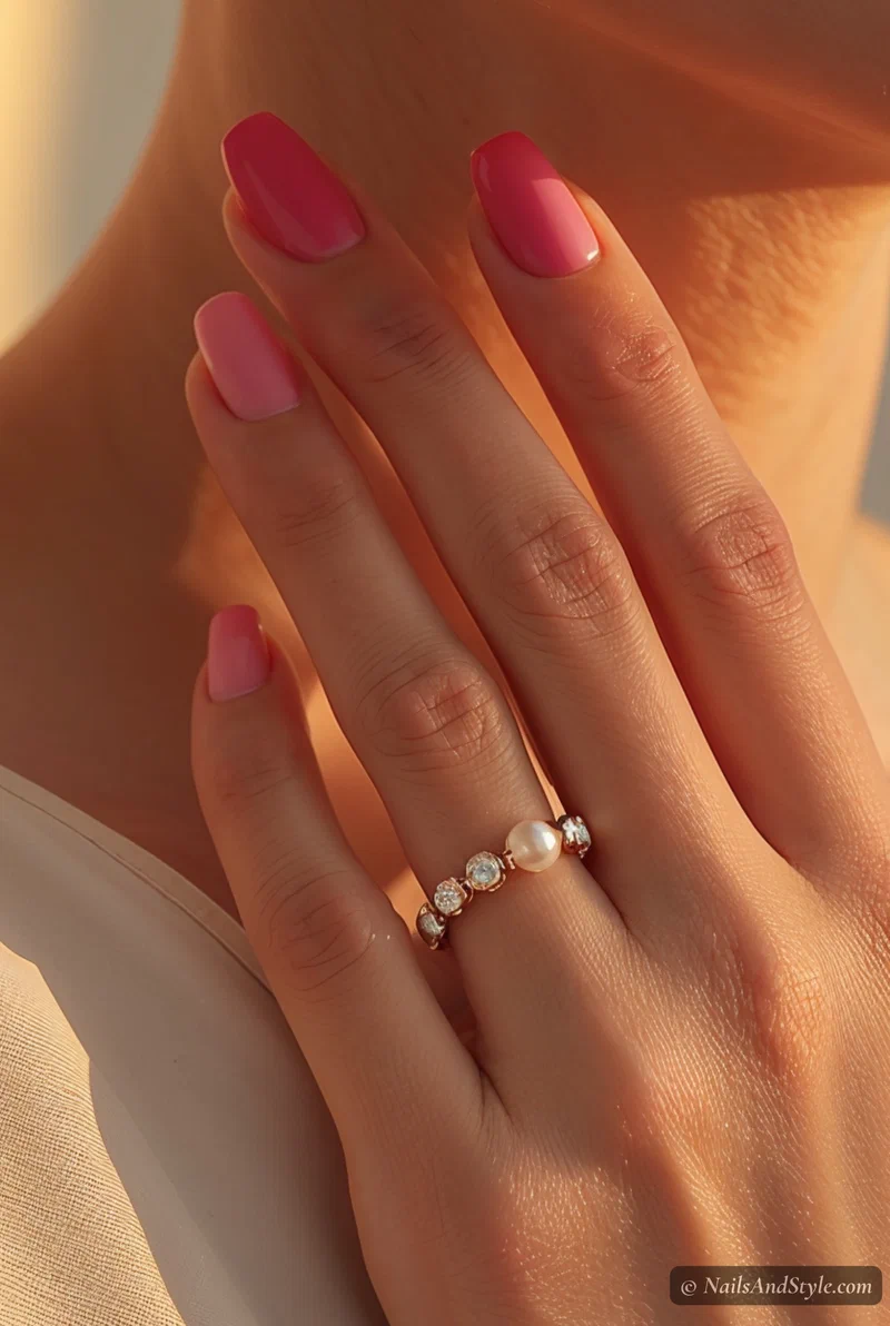 Pink ombre gradient nails fading from white to hot pink on almond nails