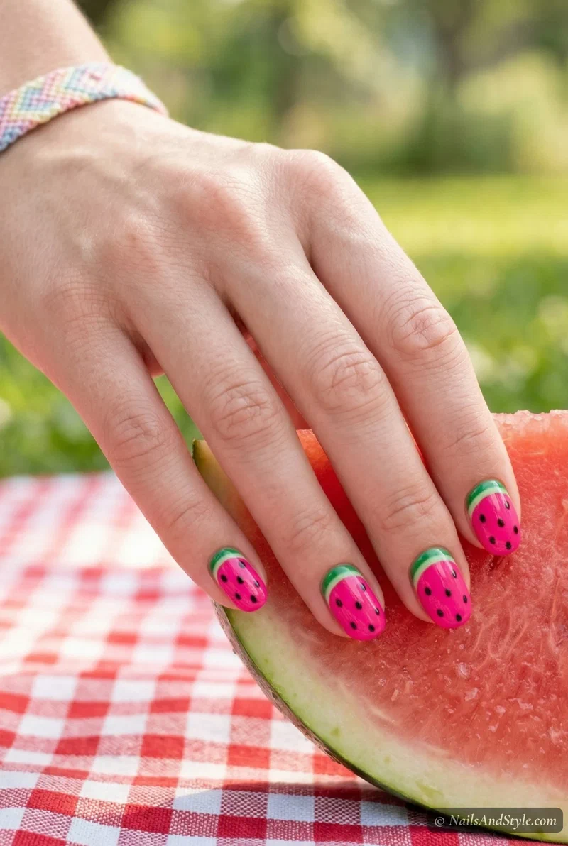 Watermelon-inspired nail art with hot pink, green rind, and seed details