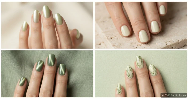 Collage of four pistachio green nail looks including creamy pistachio, glazed pistachio chrome, pistachio cat-eye, and pistachio leaf art