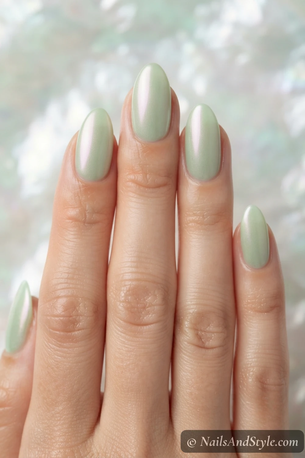 Glazed pistachio chrome nails