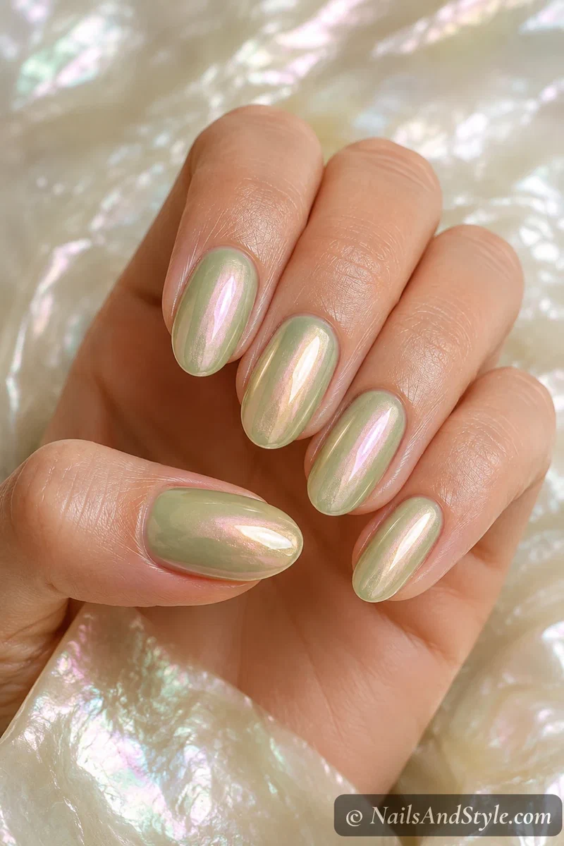 Iridescent pistachio pearl nails shifting green and gold
