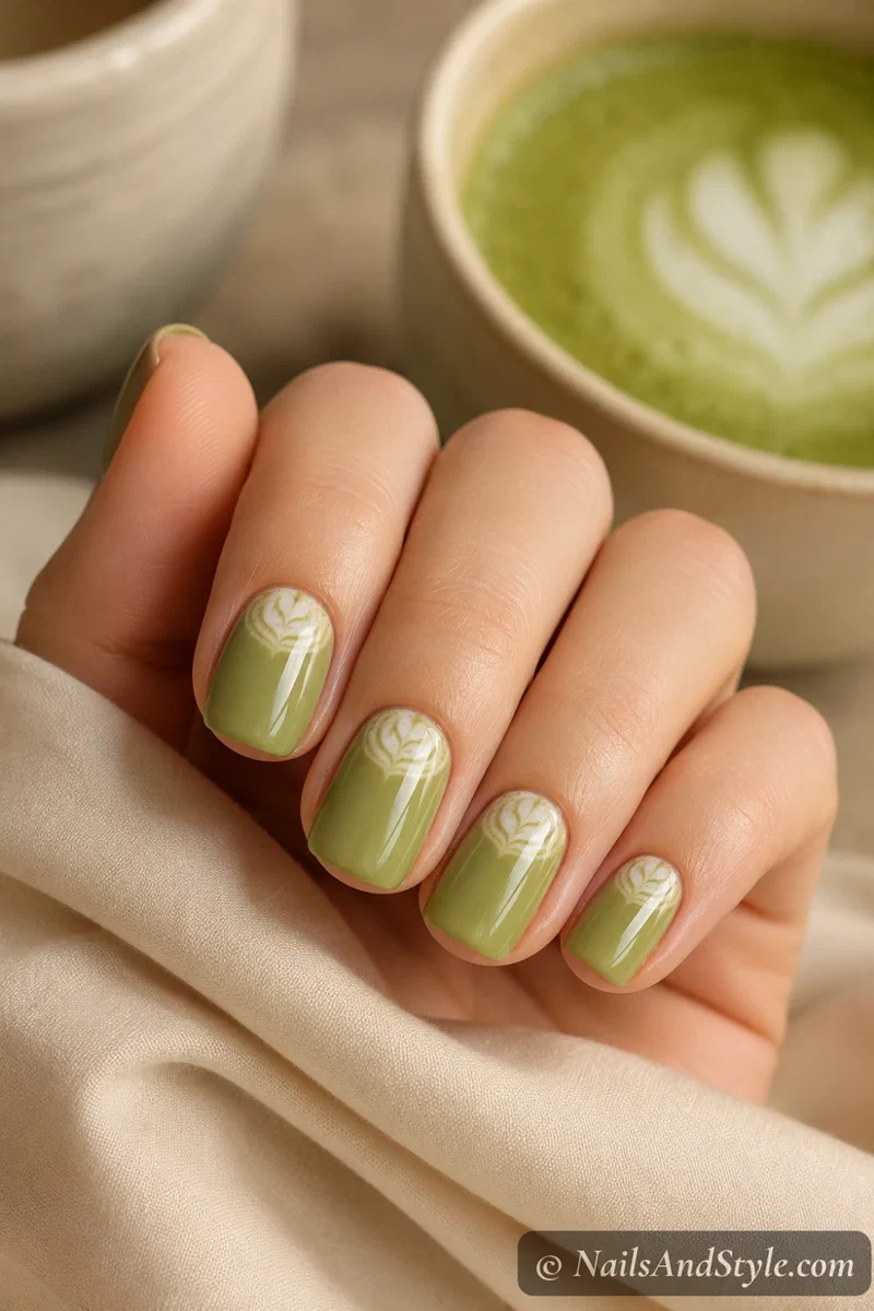 Matcha green nails with a creamy foam swirl