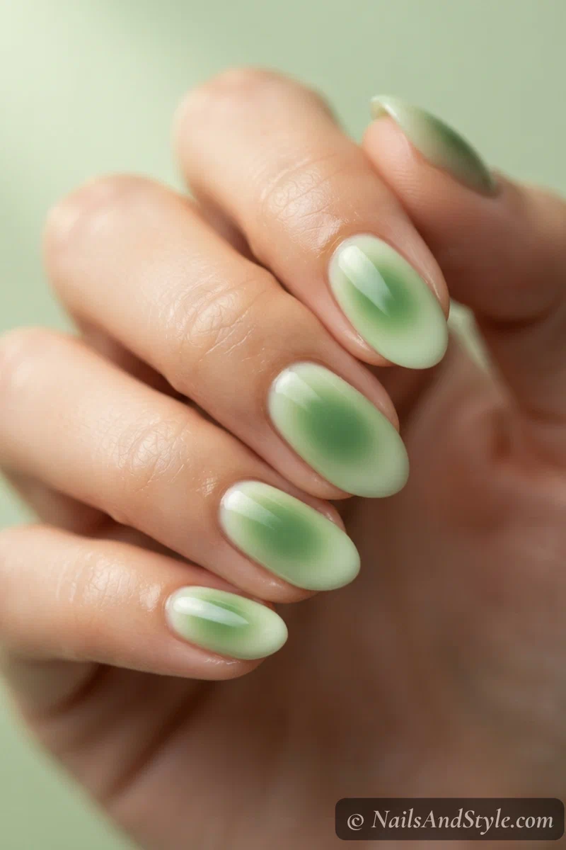 Pistachio green aura nails with a soft glowing center