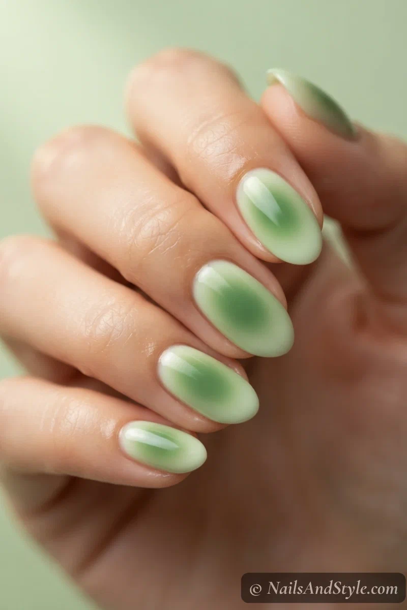 Pistachio green aura nails with a soft glowing center