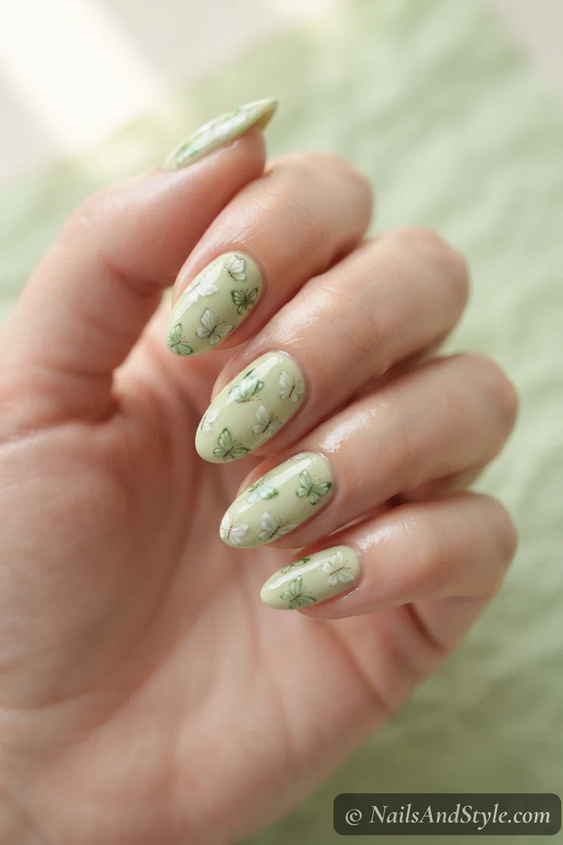 Pistachio green nails with small painted butterflies