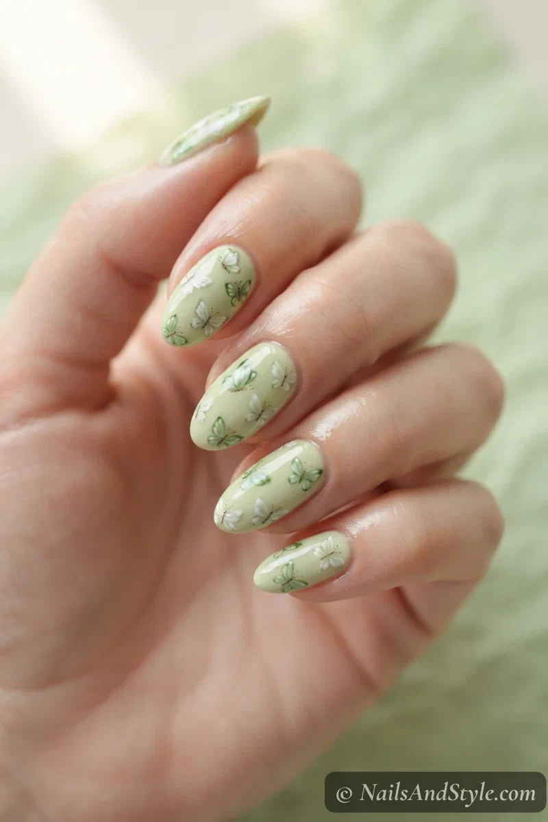 Pistachio green nails with small painted butterflies