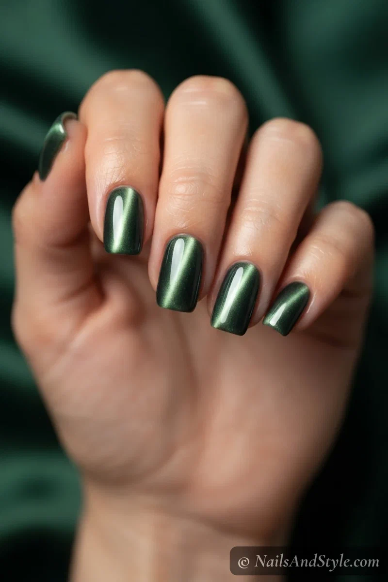 Pistachio green cat-eye nails with a glowing light strip