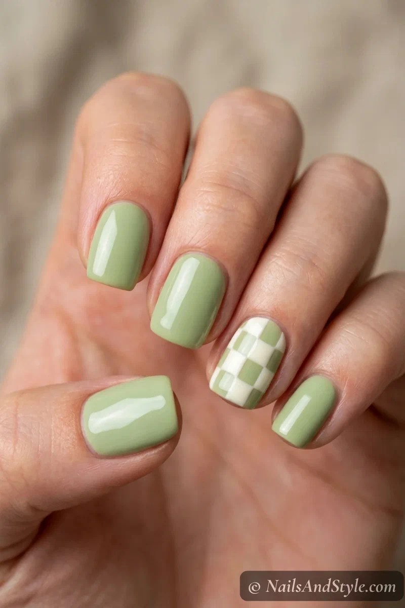 Pistachio green and white checkerboard accent nails