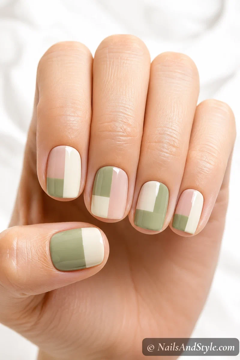 Pistachio green, cream, and nude color-block nails