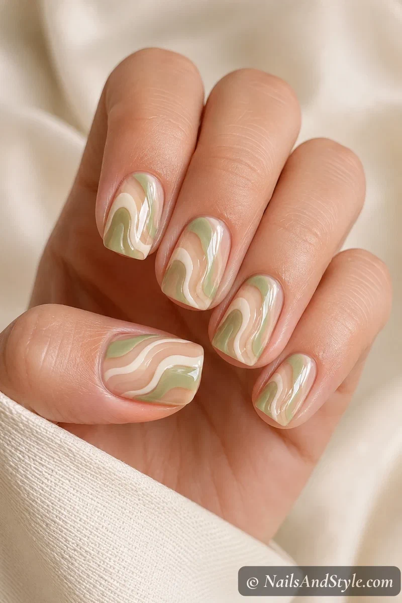 Pistachio green and cream retro swirl nails