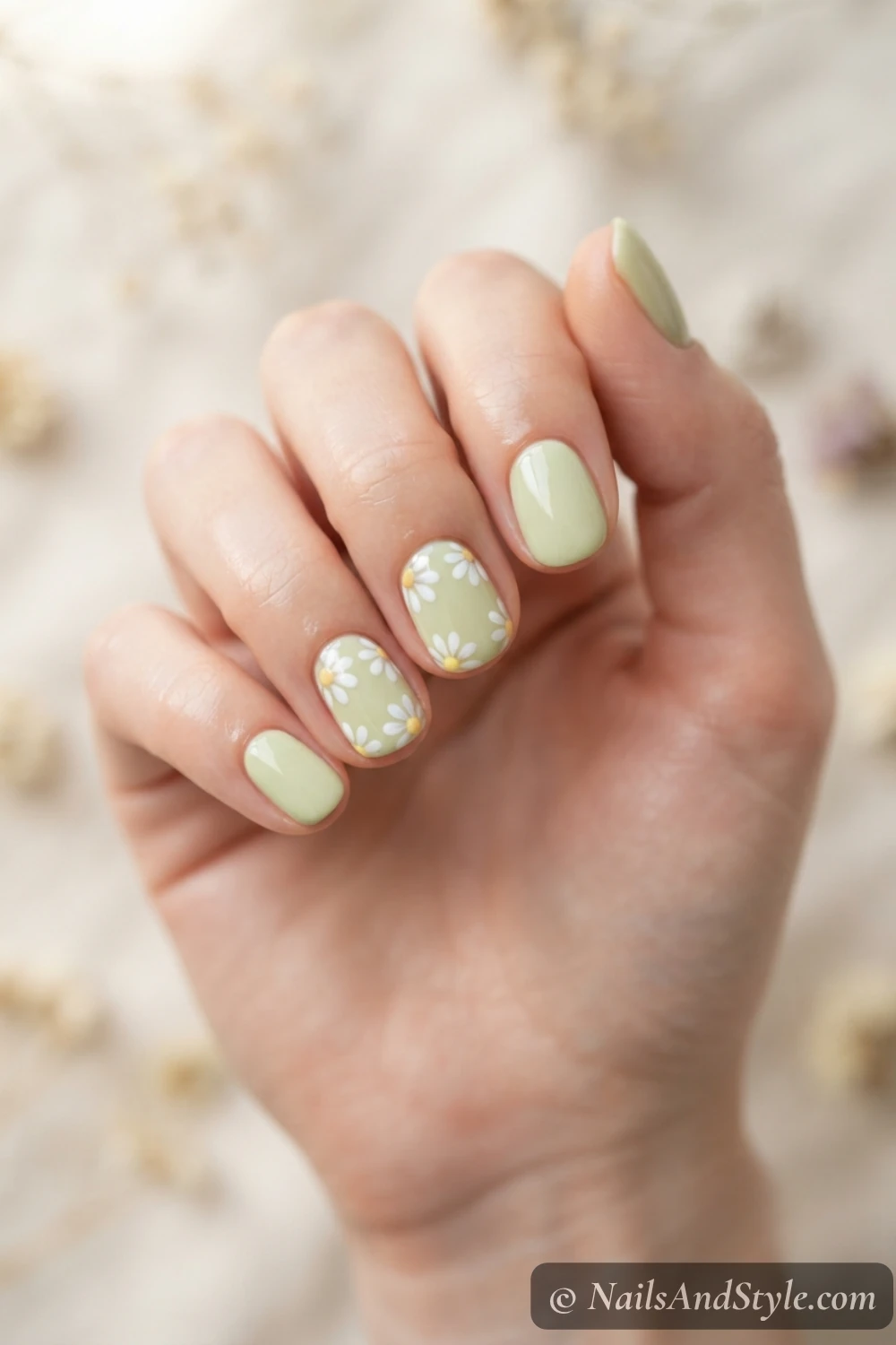 Pistachio nails with white daisies