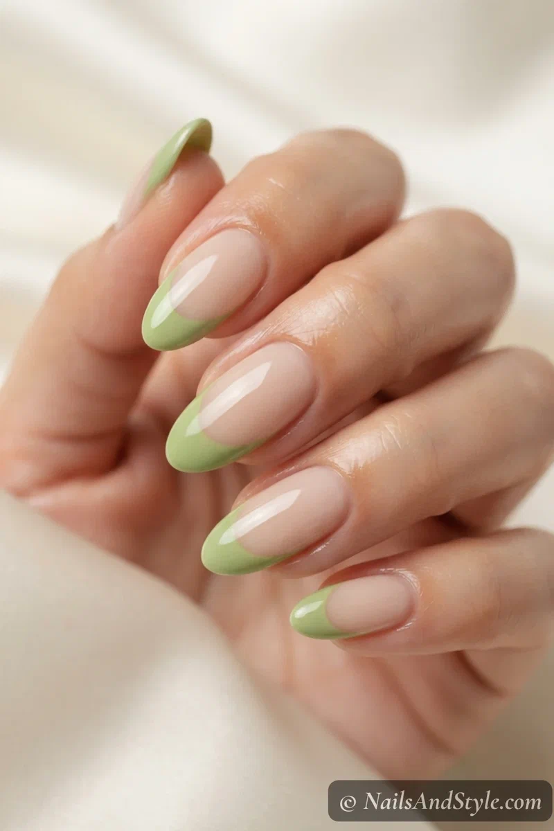 Nude nails with pistachio green French tips