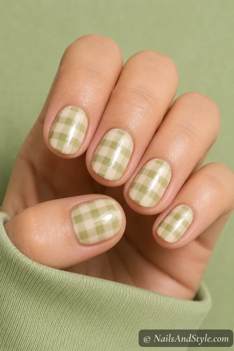 Pistachio green gingham check nails
