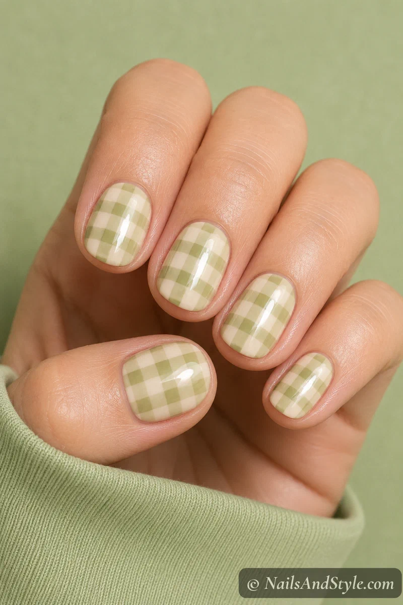 Pistachio green gingham check nails