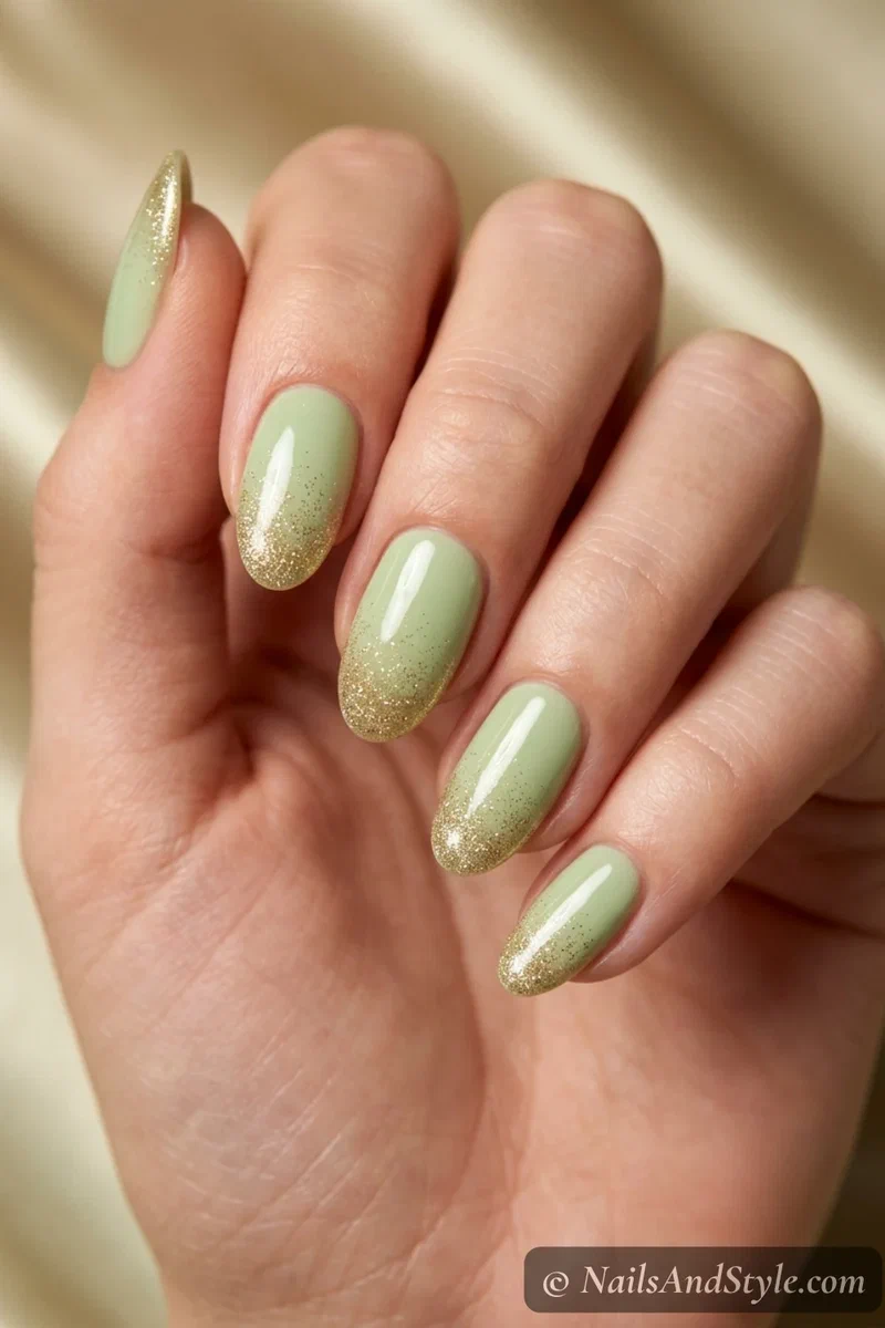 Pistachio green nails with gold glitter faded onto the tips