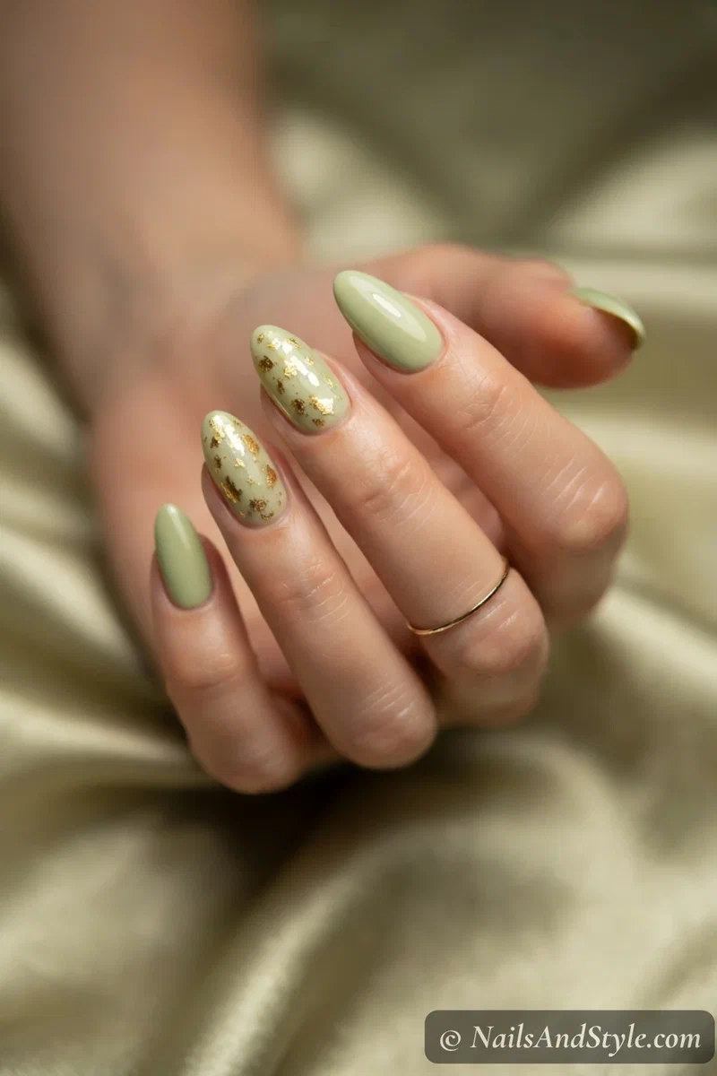 Pistachio green nails with gold foil flakes