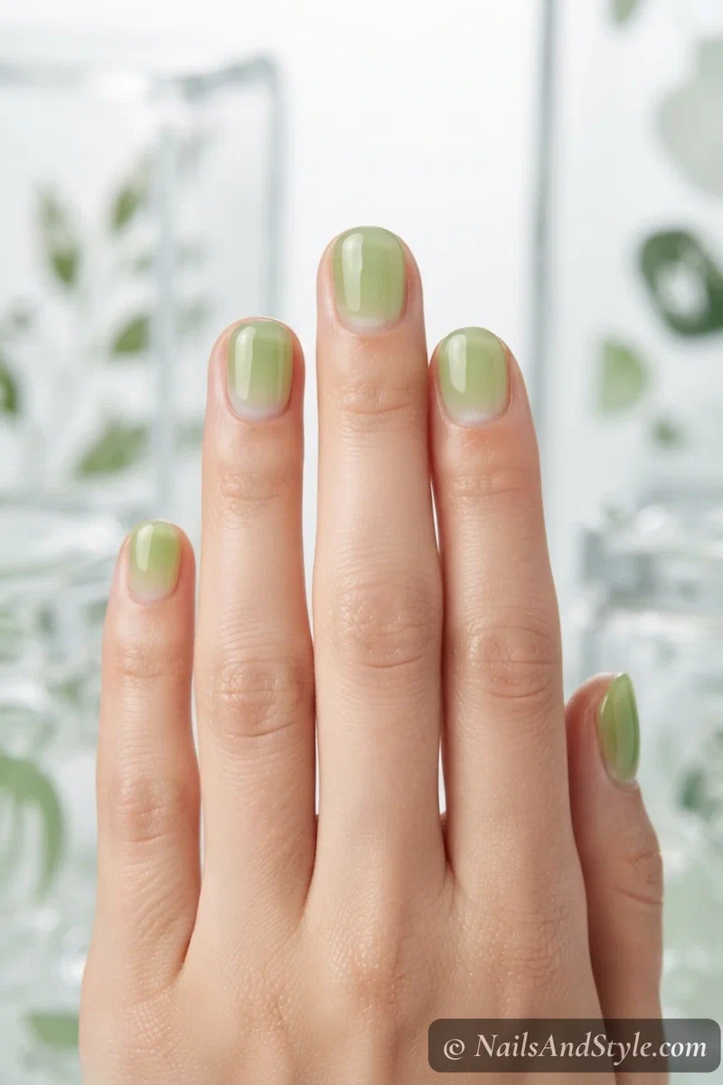Translucent pistachio green jelly nails with a glassy finish