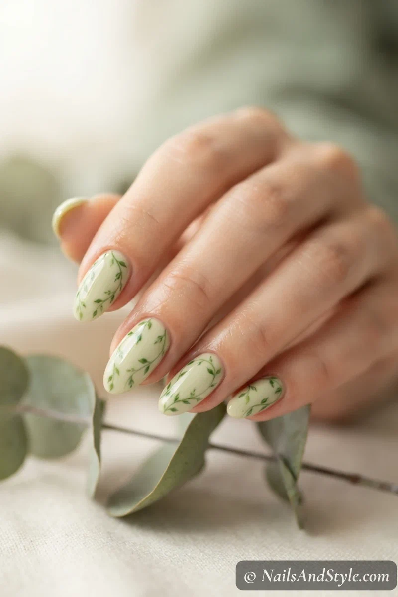 Pistachio green nails with painted leaves and vines