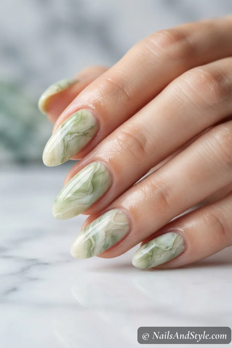 Pistachio green and white marble nails with soft veining