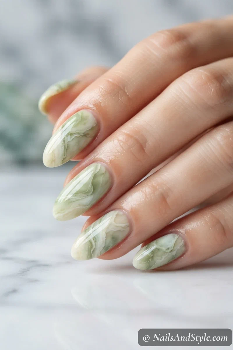 Pistachio green and white marble nails with soft veining