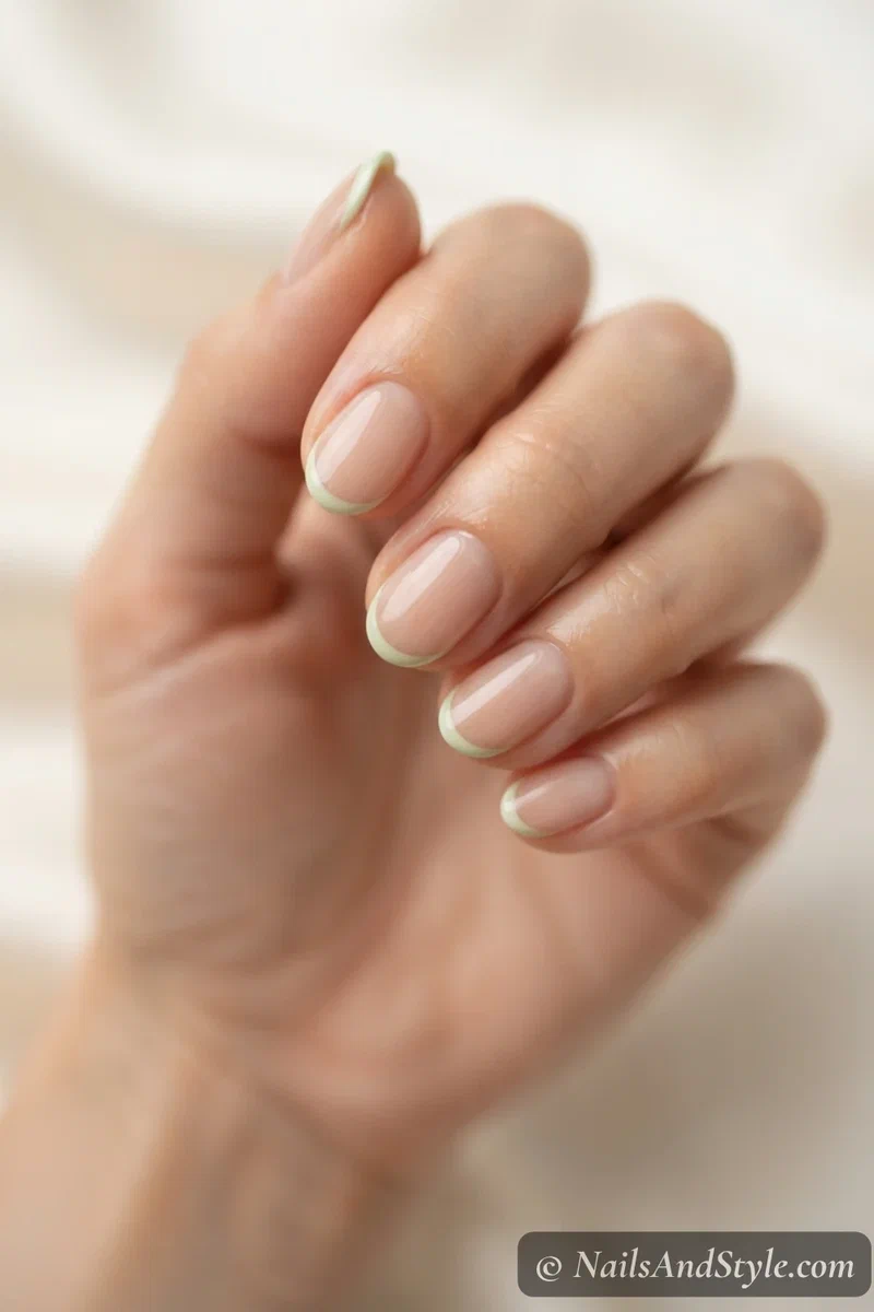Sheer nails with a thin pistachio green micro-French tip