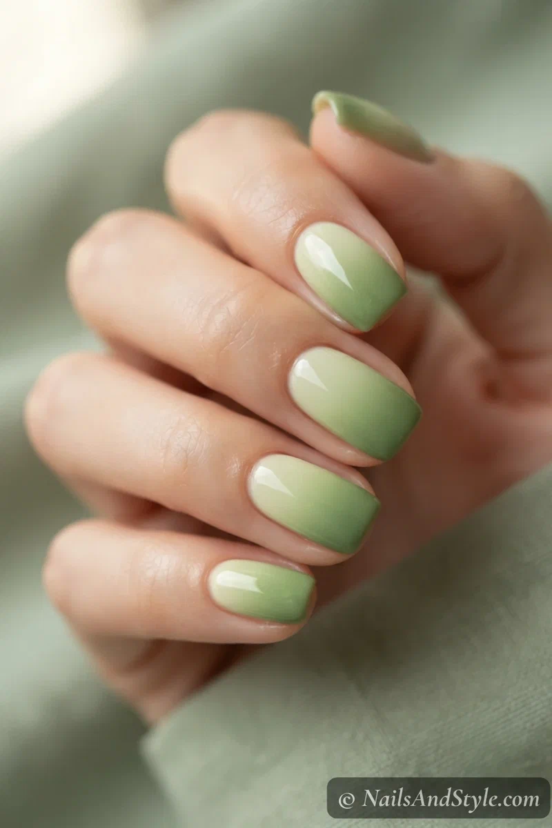 Pistachio green ombré nails fading from creamy to deeper green