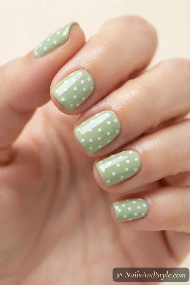 Pistachio green nails with white polka dots