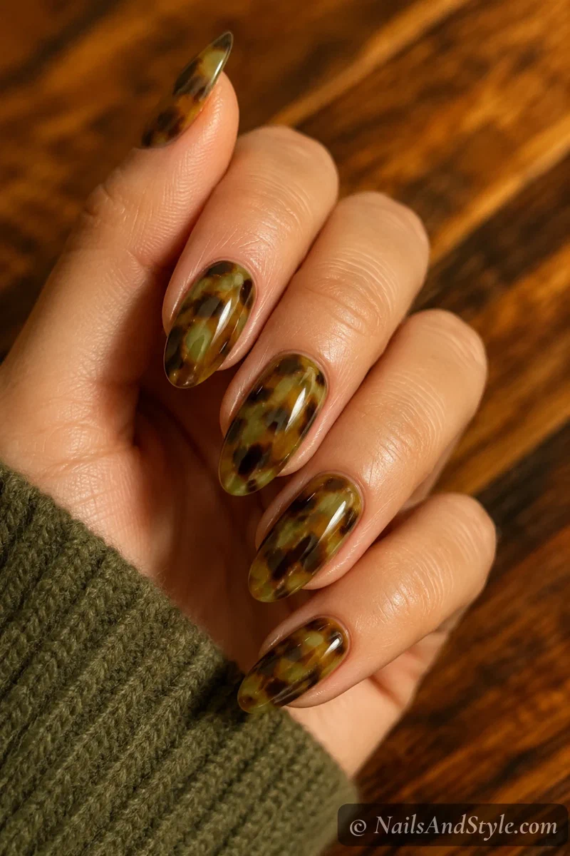 Pistachio green tortoiseshell nails with amber and brown mottling