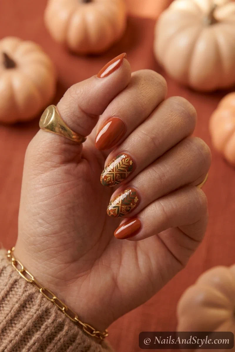 Cinnamon orange gloss nails with a rich burnt orange and glossy finish on short round nails