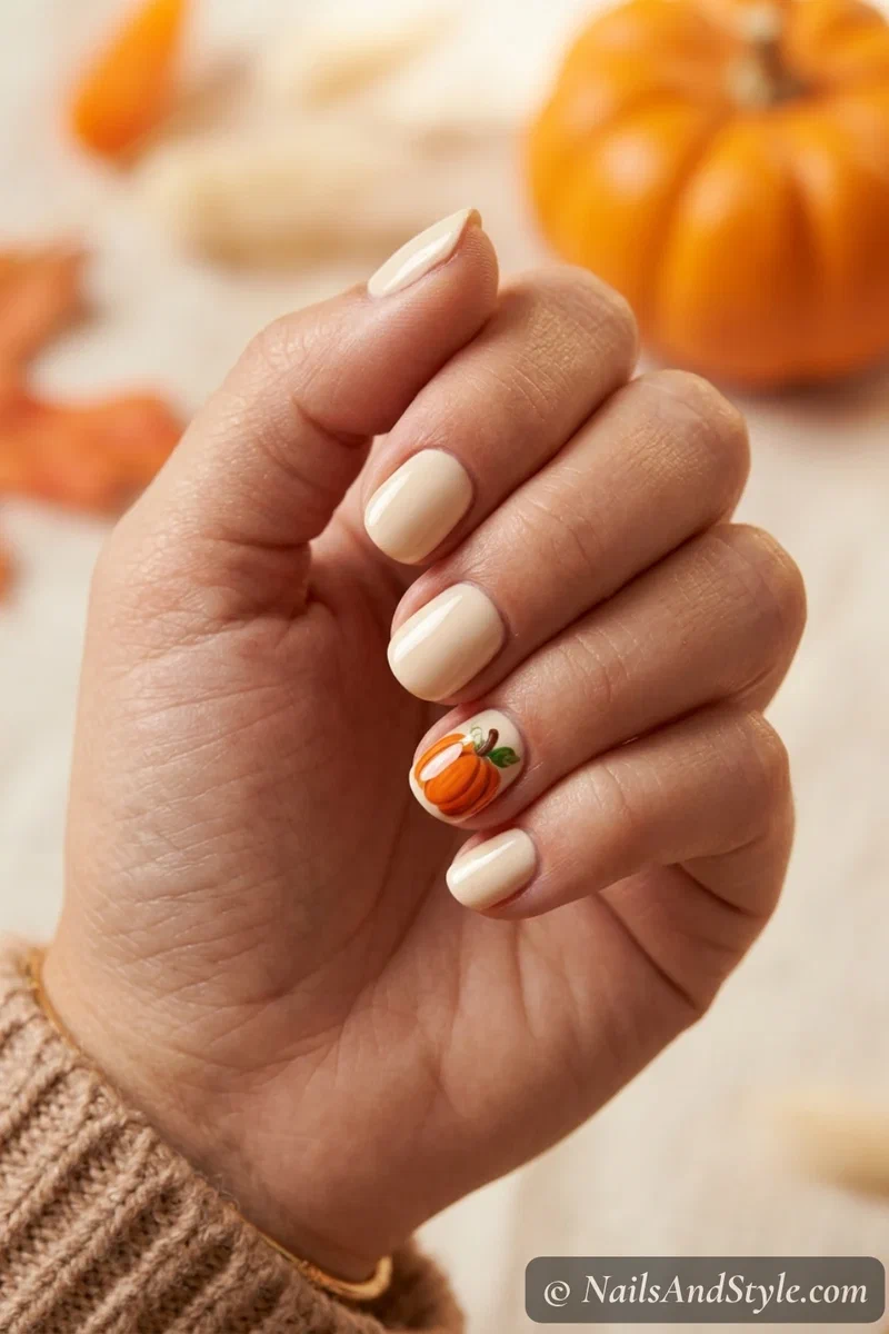 Classic orange pumpkin accent nails with a little orange pumpkin on a cream accent nail, short round nails