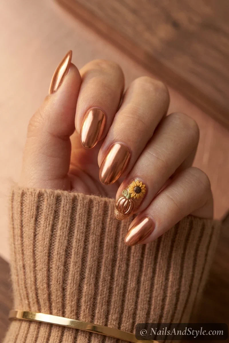 Copper chrome pumpkin nails with a copper mirror metallic finish on medium almond nails