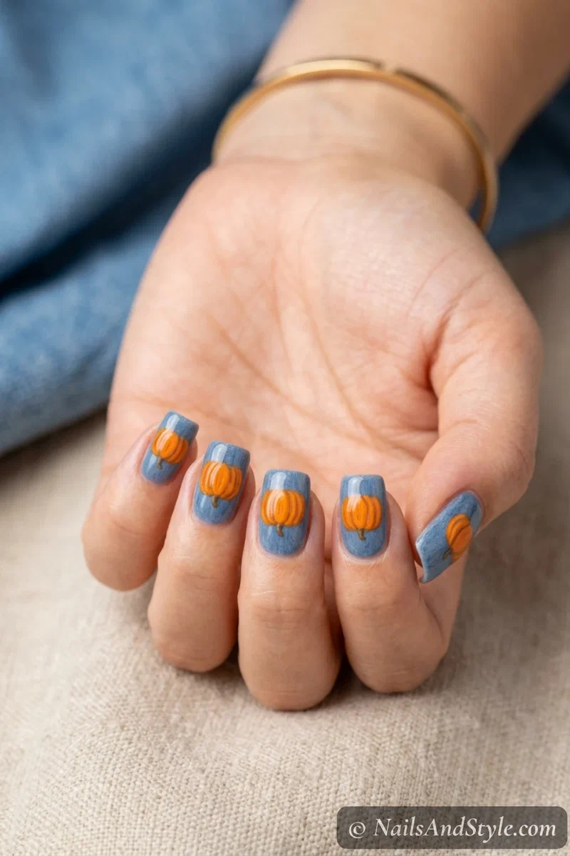 Denim and pumpkin nails with an orange pumpkin over a washed denim blue base on medium squoval nails