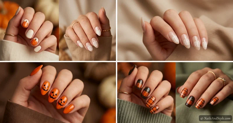 Collage of four pumpkin patch nail looks — classic orange pumpkin accent, white pumpkin, jack-o'-lantern accent, and cozy pumpkin plaid