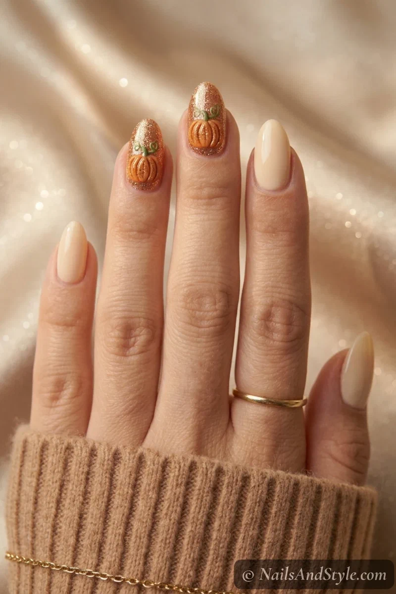 Glitter pumpkin nails with a gold glitter dusted orange pumpkin on an accent nail over a cream base, medium almond nails