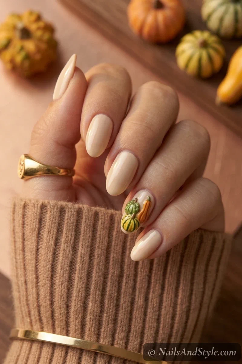 Gourd trio accent nails with three assorted gourds on an accent nail over a cream base, medium almond nails