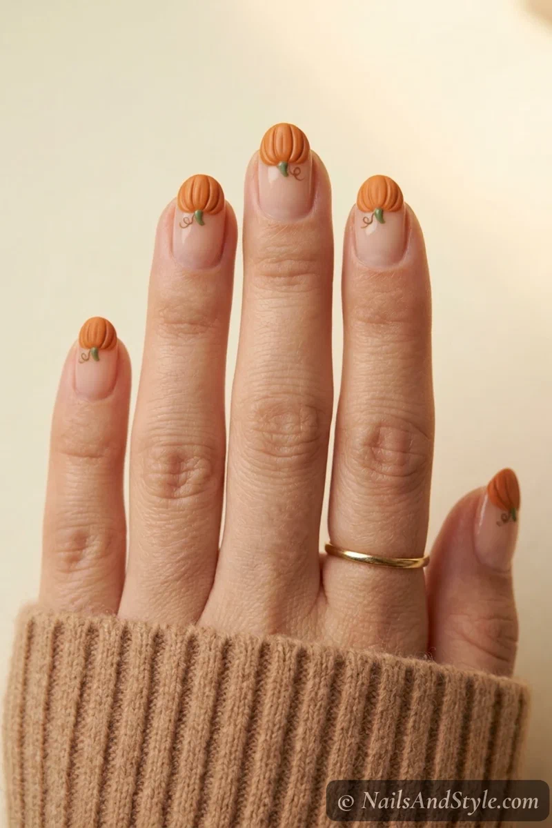 Half pumpkin tip nails with half an orange pumpkin rising from each tip over a nude base on short oval nails
