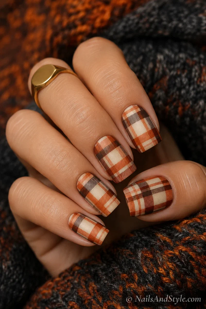 Harvest plaid nails with a burnt orange, cream, and brown plaid pattern on medium squoval nails
