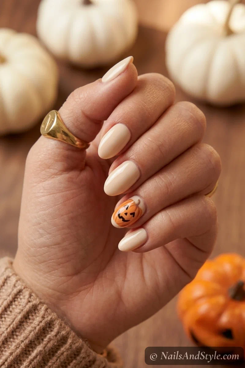 Jack-o-lantern accent nails with a smiling carved orange pumpkin face on an accent nail, medium almond nails