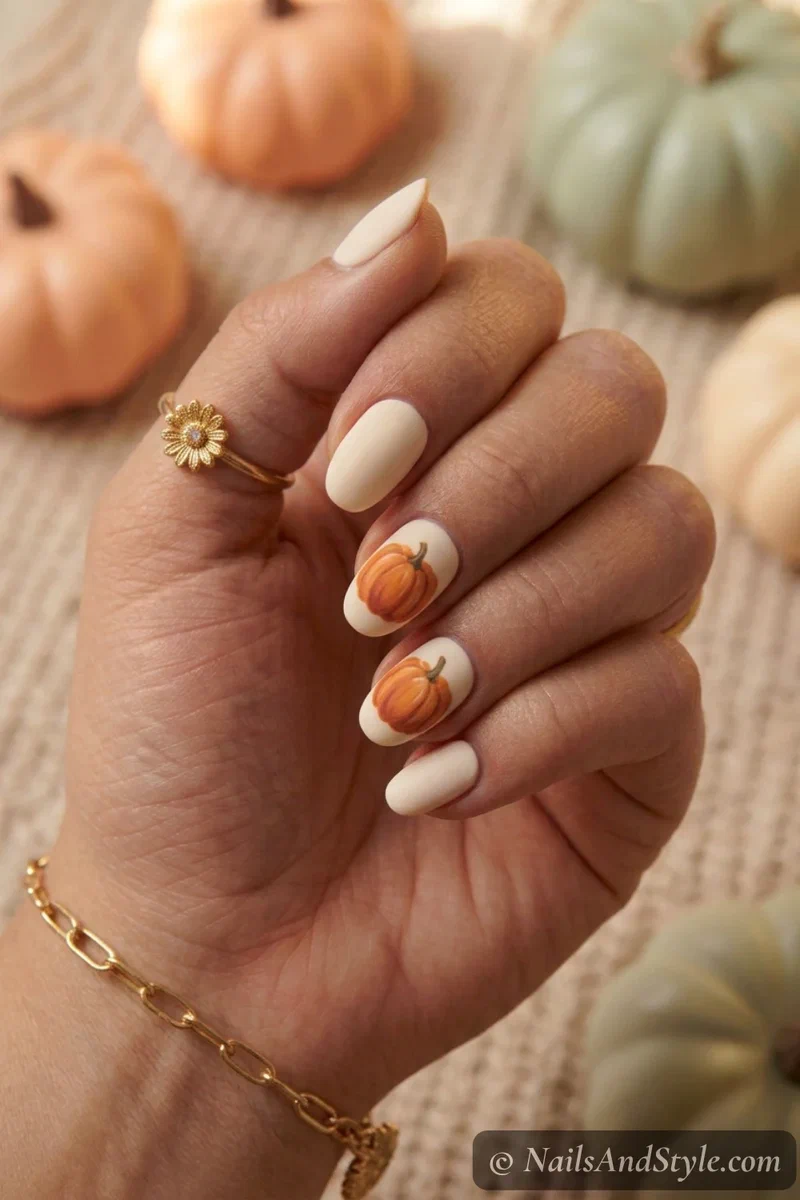 Matte pumpkin nails with an orange pumpkin under a soft matte finish over a cream base on medium almond nails