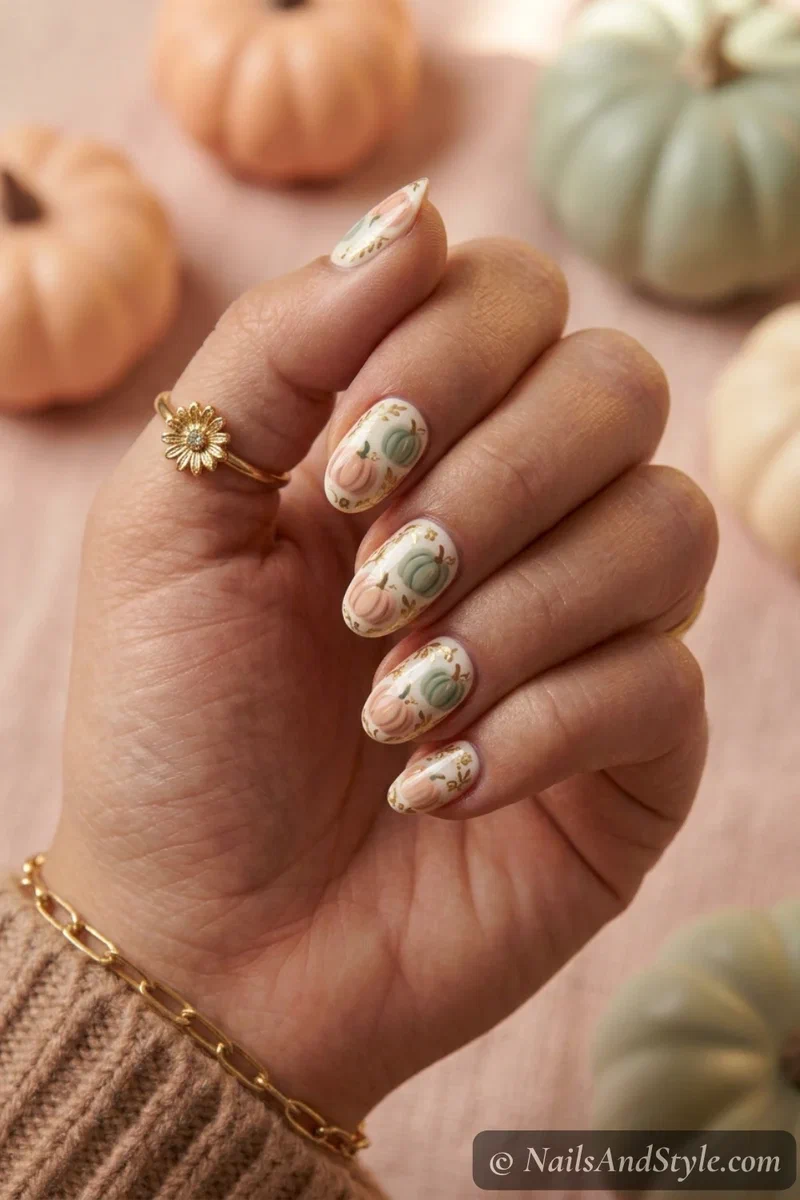 Pastel pumpkin nails with soft peach and sage pumpkins over a cream base on medium oval nails