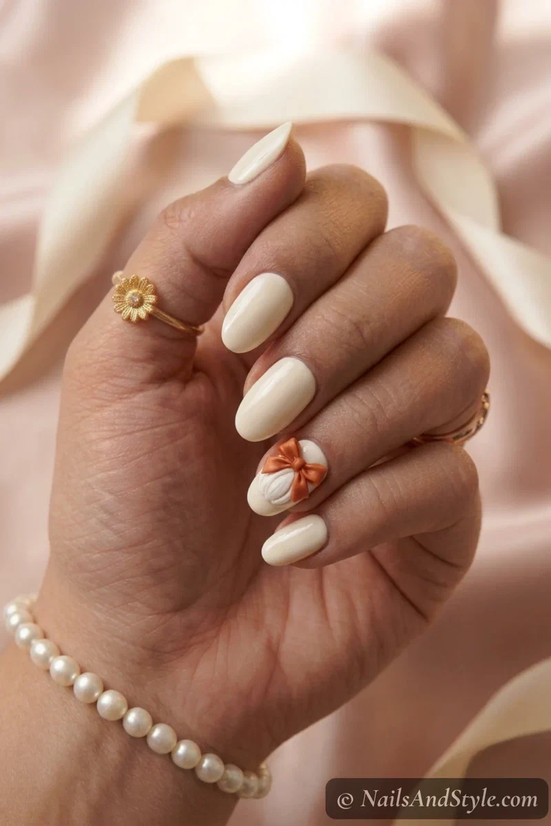 Pumpkin and bow nails with an orange pumpkin and a delicate bow on an accent nail over a cream base, medium almond nails