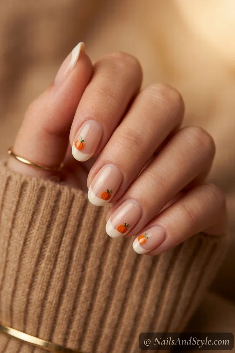 Pumpkin French tip nails with soft tips and a tiny pumpkin at the corner over a nude base, medium oval nails
