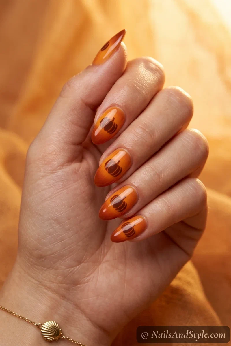 Pumpkin patch sunset nails with a pumpkin over a warm amber to orange sunset gradient on medium almond nails