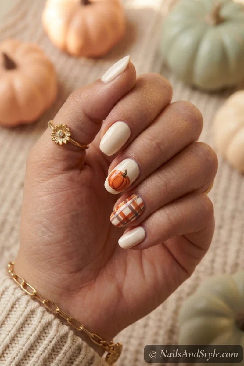 Pumpkin and plaid nails with a pumpkin accent and an orange plaid accent over cream nails, medium squoval nails