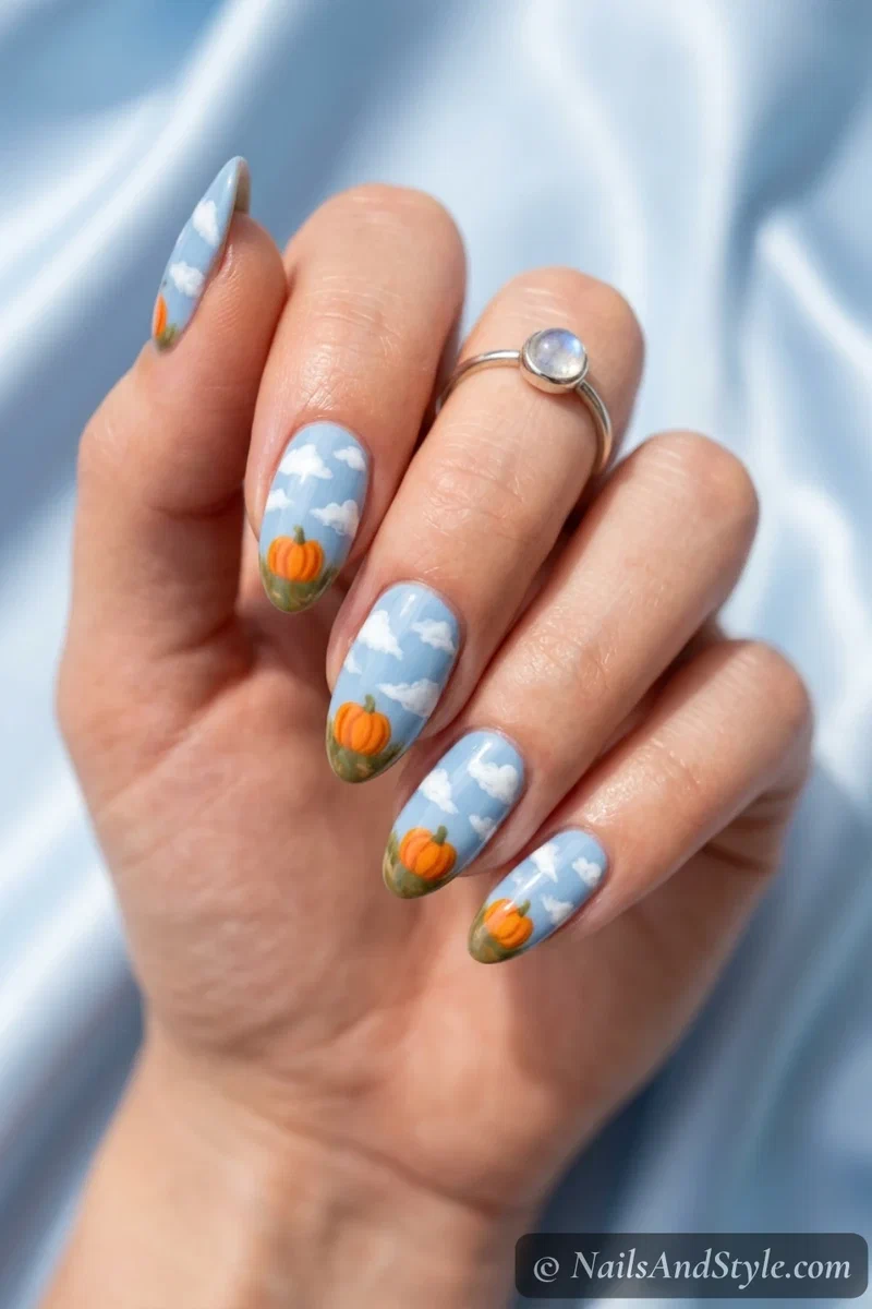 Pumpkin sky nails with a pumpkin under a blue sky and white clouds on medium almond nails