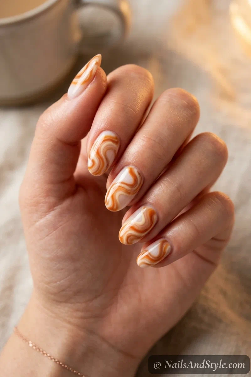 Pumpkin spice swirl nails with orange, cream, and cinnamon swirls over a milky base on medium oval nails