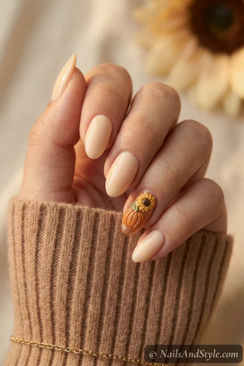 Pumpkin and sunflower nails with an orange pumpkin and a golden sunflower on an accent nail, medium almond nails