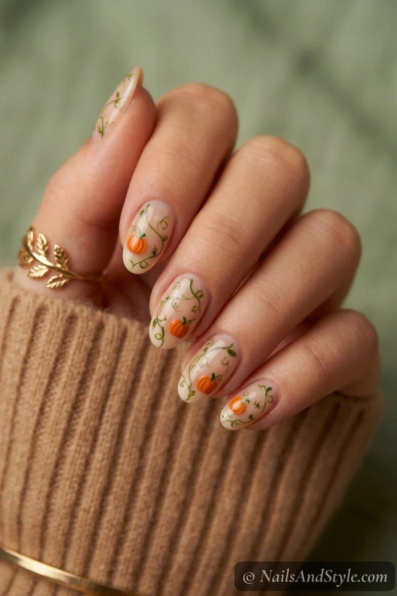 Pumpkin and vine nails with an orange pumpkin and curling green vines on an accent nail, medium almond nails